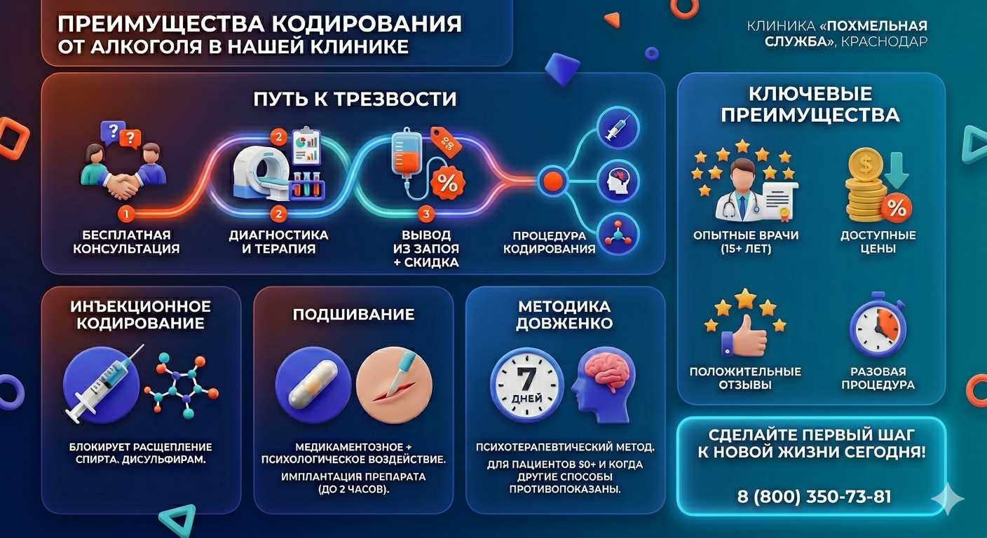 Инфографика о методах кодирования от алкоголя в Джанкое: инъекции, подшивание, метод Довженко. Преимущества клиники и этапы лечения.